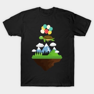 Turtle with balloon flying above mountains T-Shirt